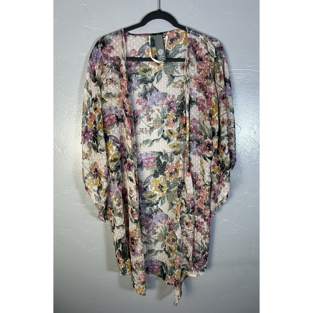 Vince Camuto Pink Floral Print Draped Swiss Dot Kimono/Coverup/ CardiganOne Size